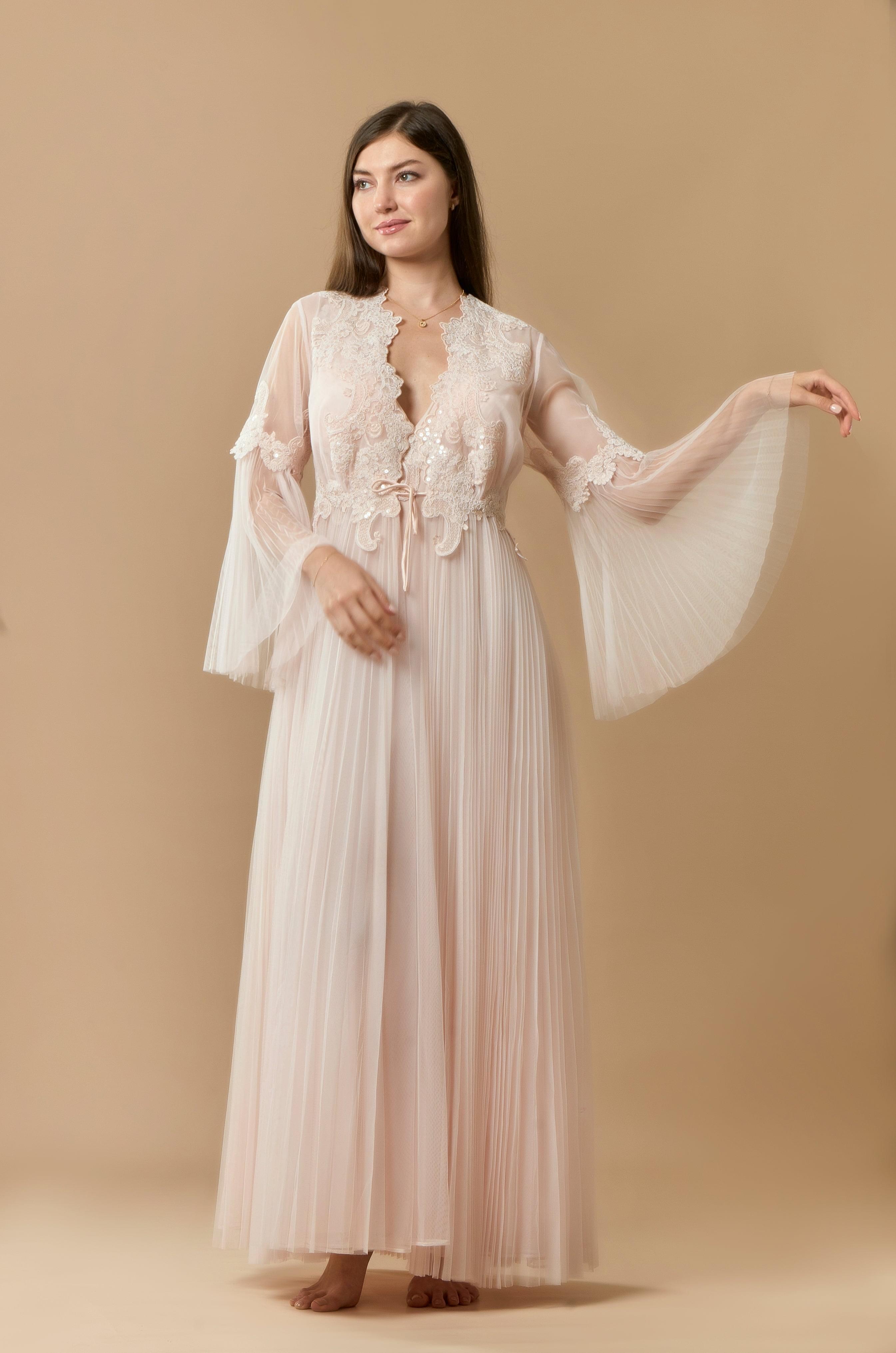 Chiffon Robe Long Chiffon & Lace Long Nightdress & Robe Set - Peach