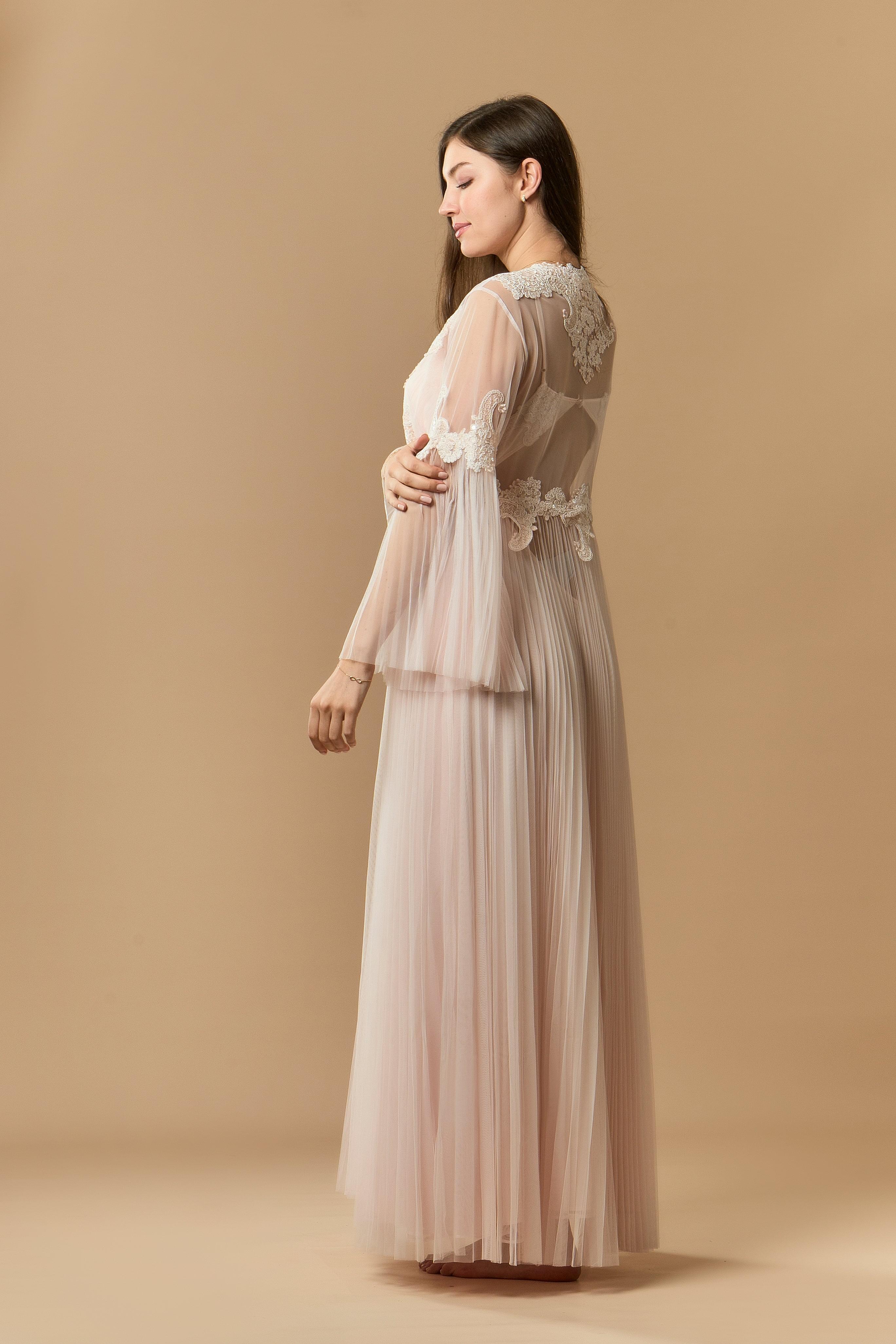Chiffon Robe Long Chiffon & Lace Long Nightdress & Robe Set - Peach