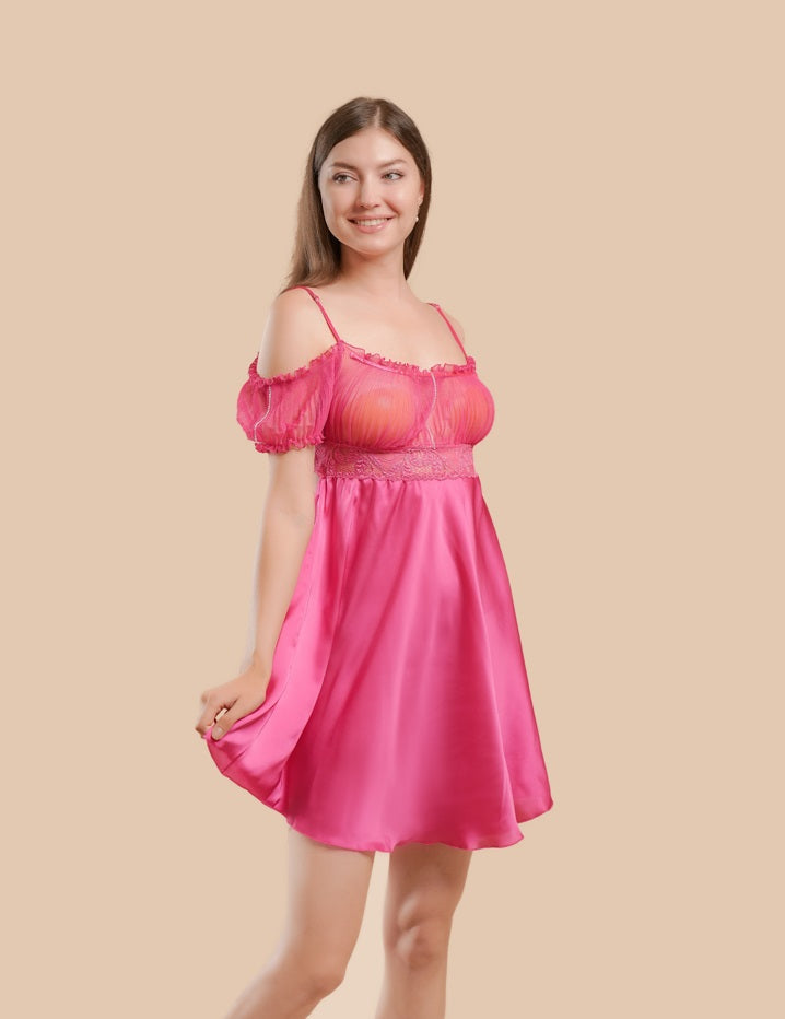 Off-Shoulder Short Nightdress a Line Cut - Fuchsia - silk touch