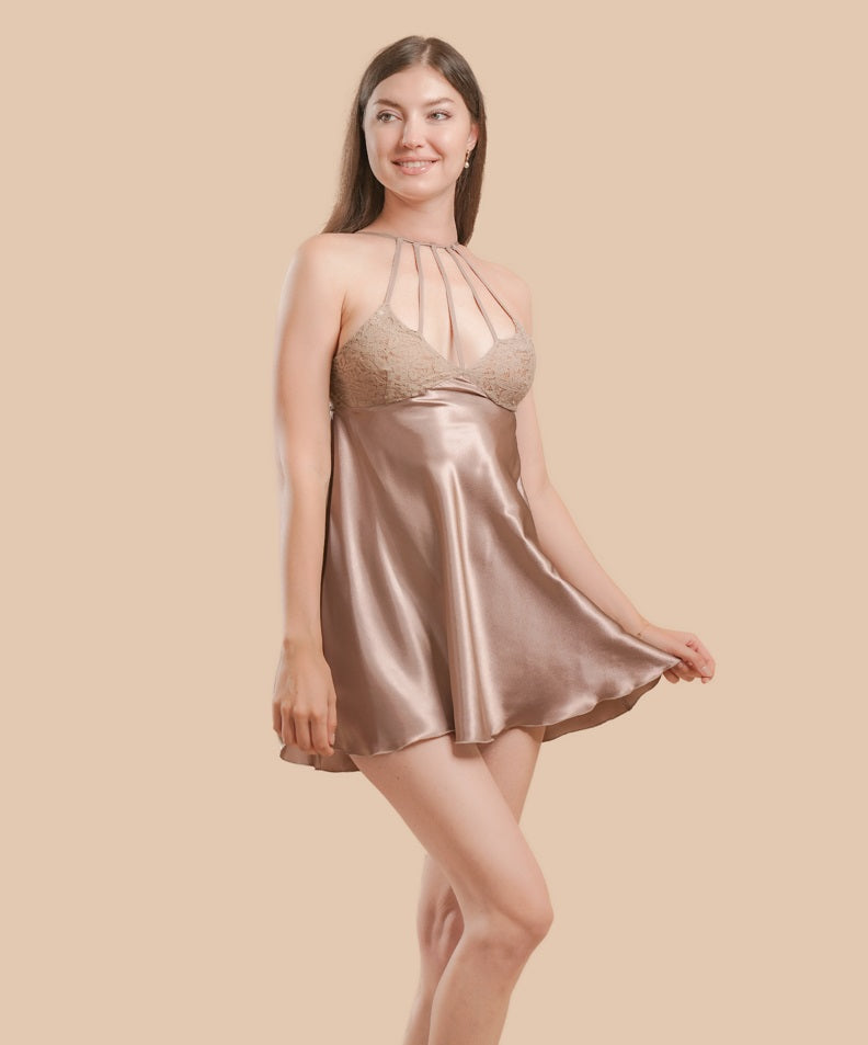 Short Night Dress Satin & Lace - Beige - silk touch