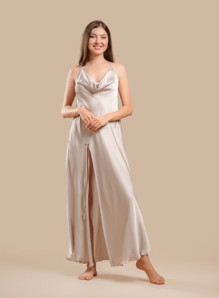 Long Night Dress Satin - Silver - silk touch