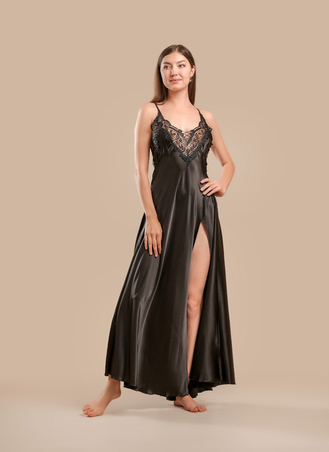 Long Night Dress Satin & Lace - Black - silk touch