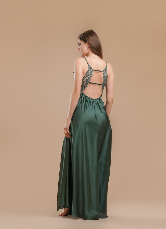 Long Night Dress Satin & Lace - Emerald Green - silk touch