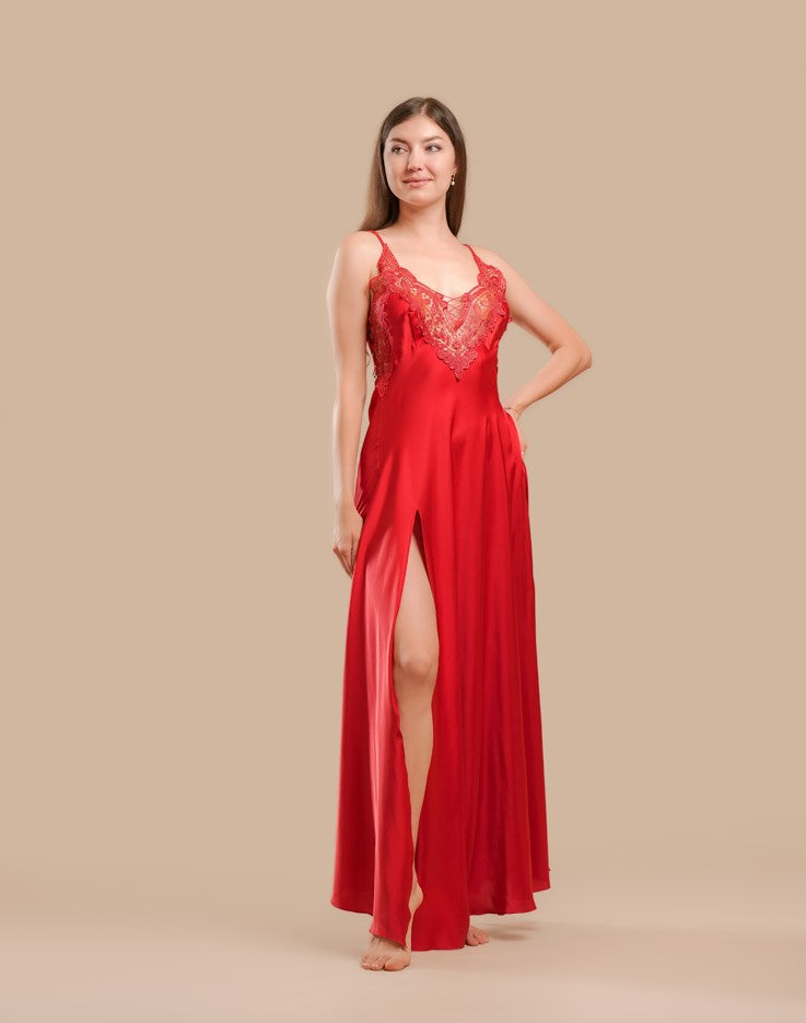 Long Night Dress Satin & Lace - Red - silk touch