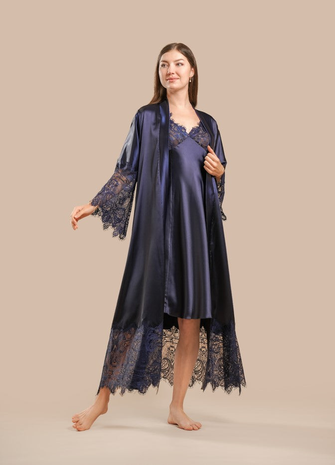 Long Satin and Lace Nightdress & Robe Set - Navy Blue - silk touch