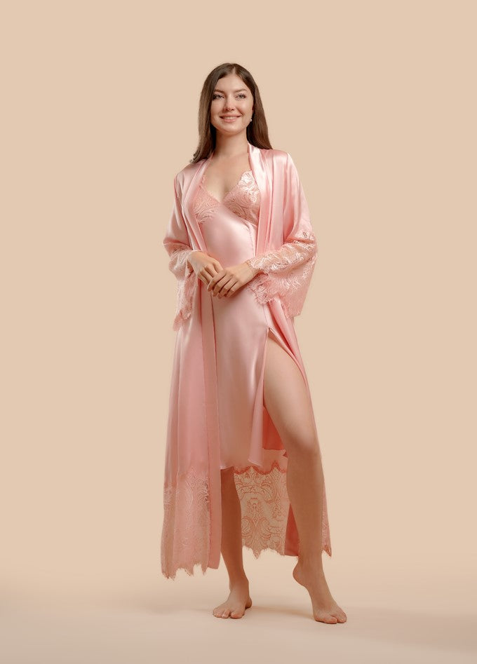 Long Satin and Lace Nightdress & Robe Set - Pink - silk touch