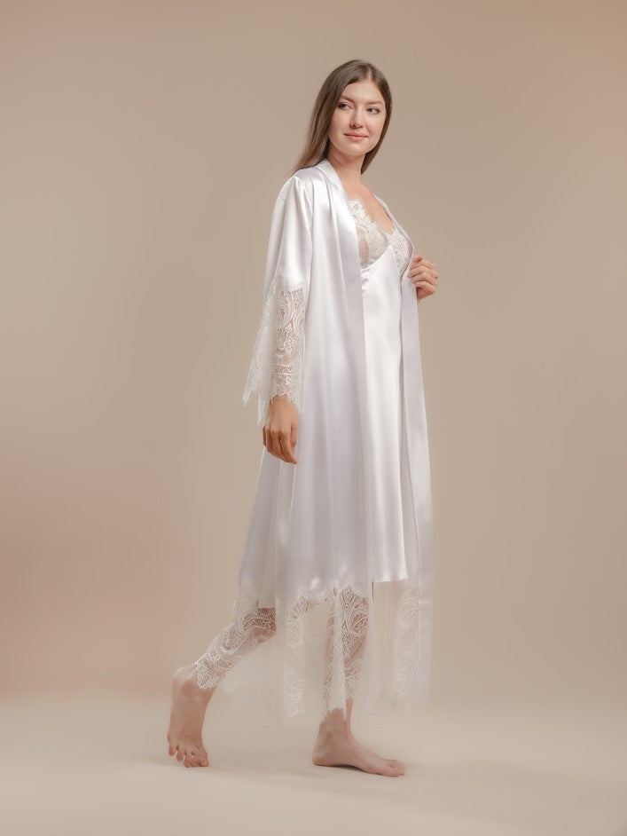 Long Satin and Lace Nightdress & Robe Set - White - silk touch