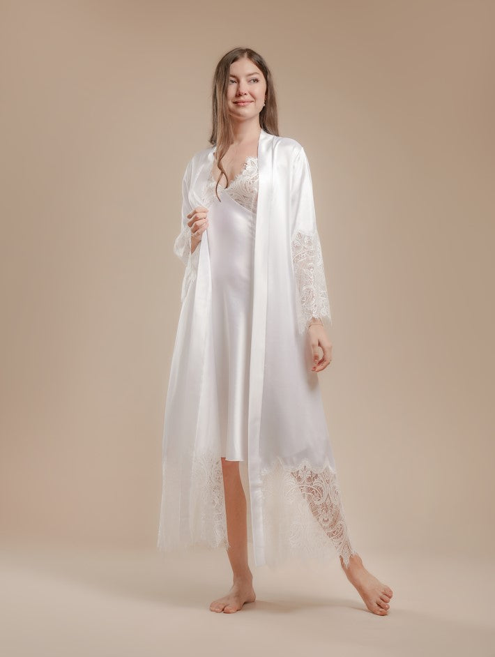 Long Satin and Lace Nightdress & Robe Set - White - silk touch