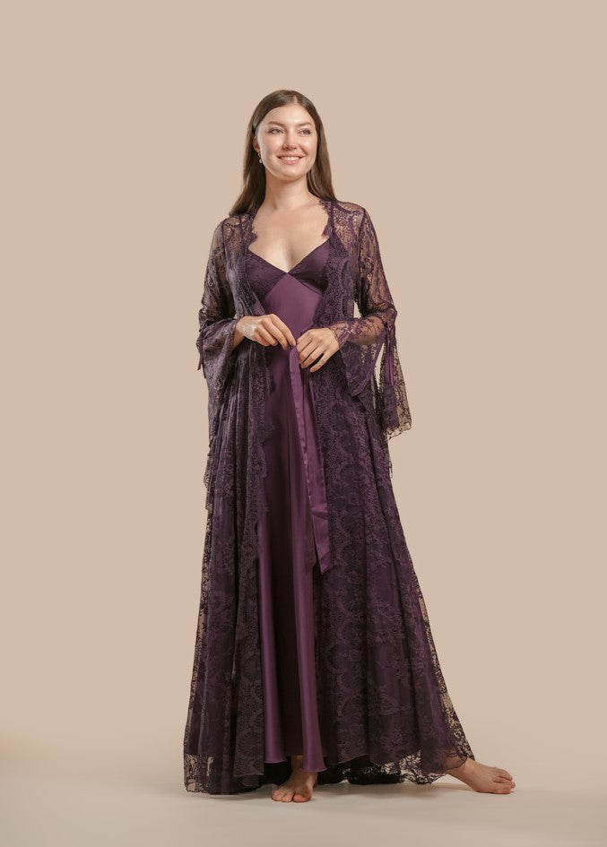 Lace And Pearl Long Nightdress With Robe Set - Purple - silk touch