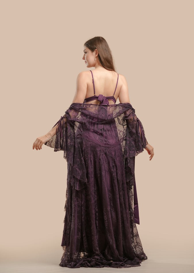 Lace And Pearl Long Nightdress With Robe Set - Purple - silk touch