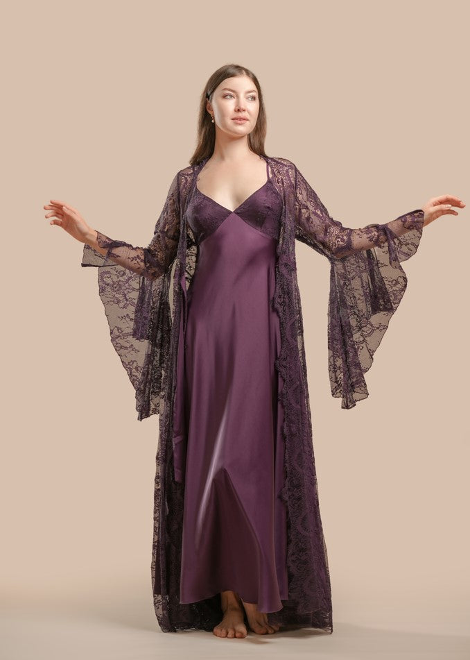 Lace And Pearl Long Nightdress With Robe Set - Purple - silk touch