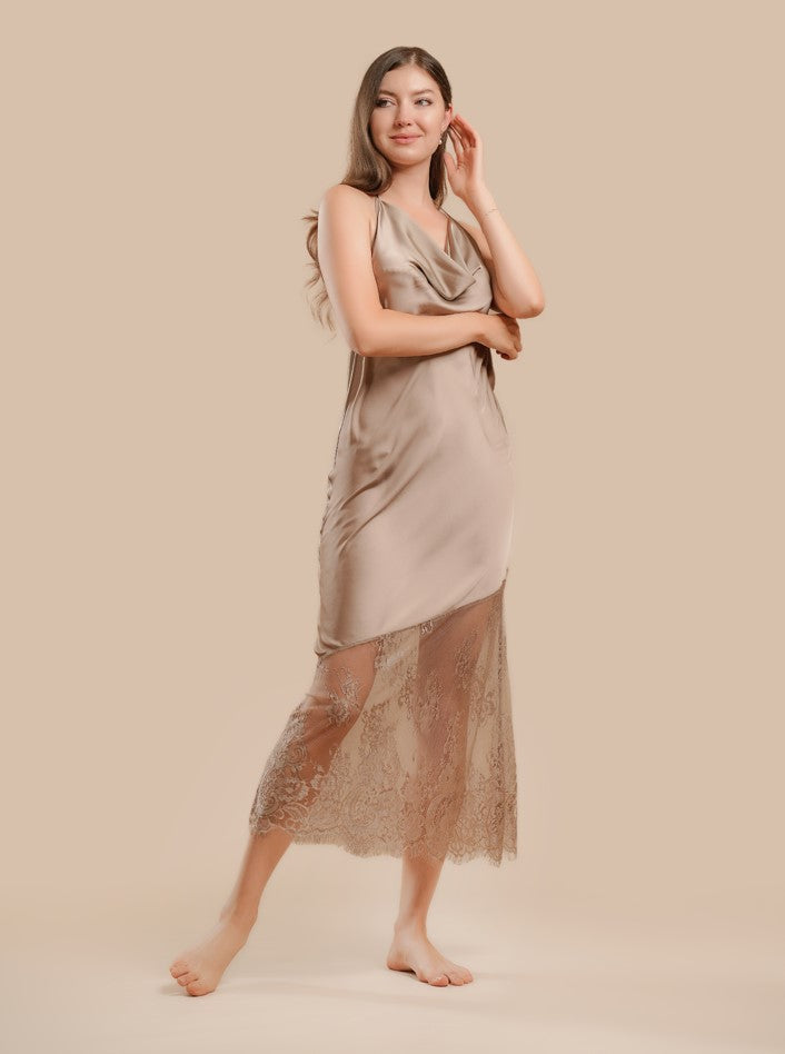 Long Night Dress Satin & Lace - Bronze - silk touch