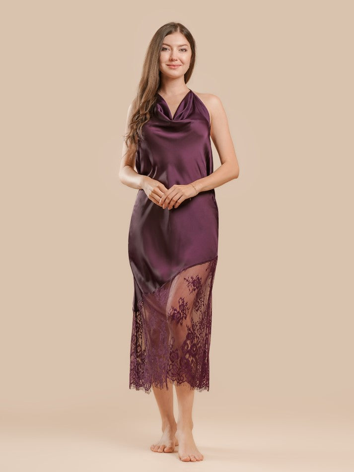 Long Night Dress Satin & Lace - Burgundy - silk touch