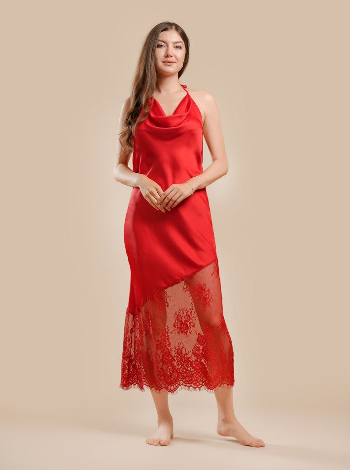 Long Night Dress Satin & Lace - Red - silk touch