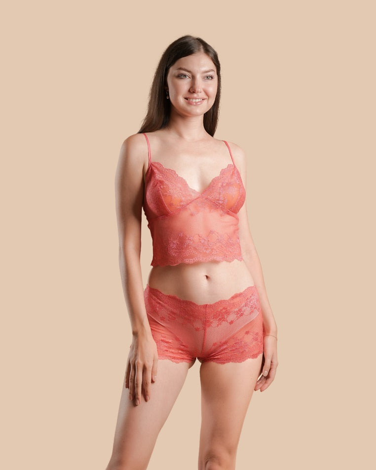 Sexy Femmes Dentelle Fleurs Shorts Pyjama - Coral - silk touch