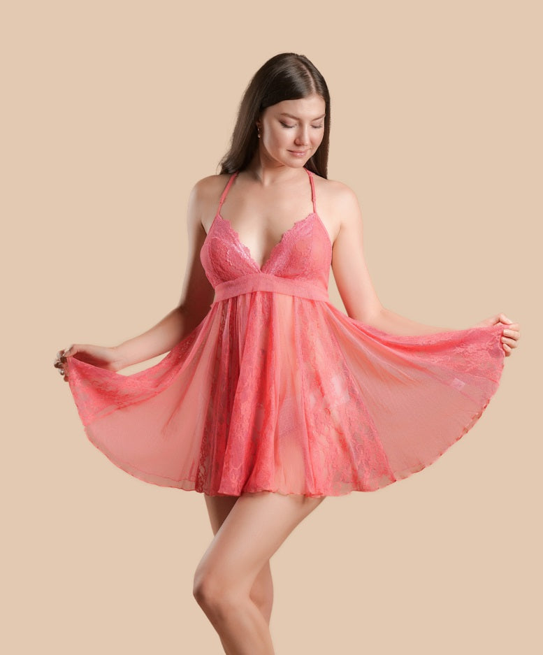 Sexy Short Transparent Nightdress Decorated - Coral - silk touch