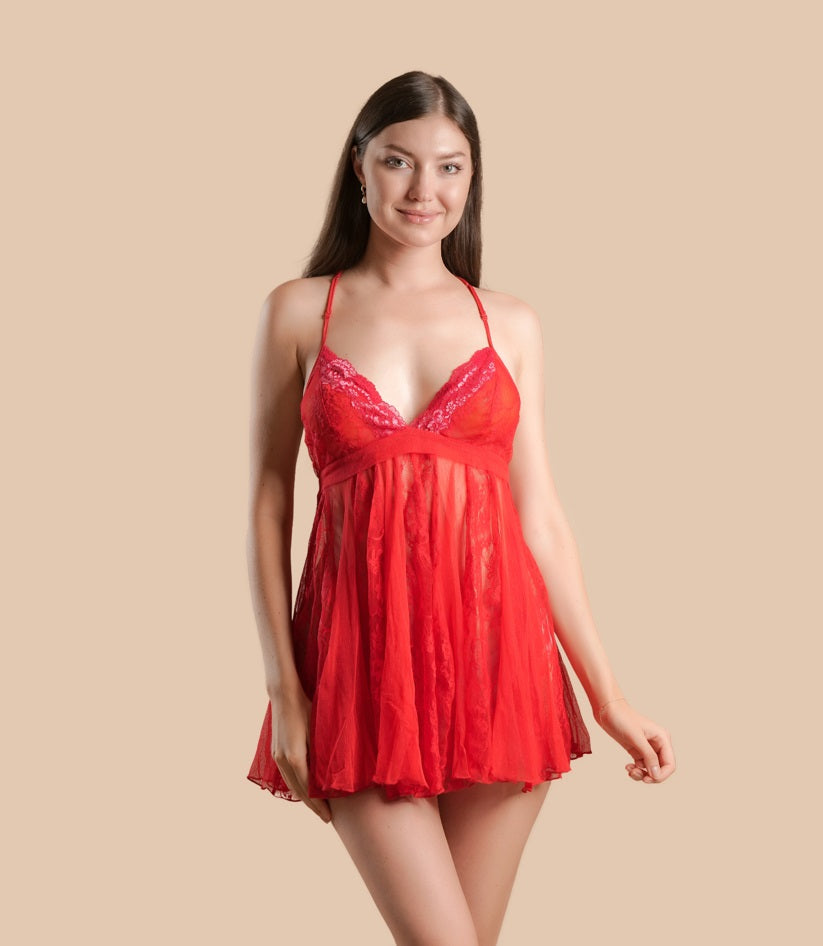 Sexy Short Transparent Nightdress Decorated - Red - silk touch