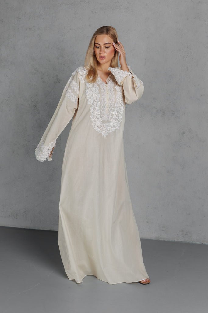 Cotton Jalabiya with Lace on the Chest & Sleeve - Beige - silk touch