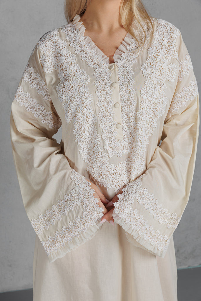 Cotton Jalabiya with Lace on the Chest & Sleeve - Beige - silk touch