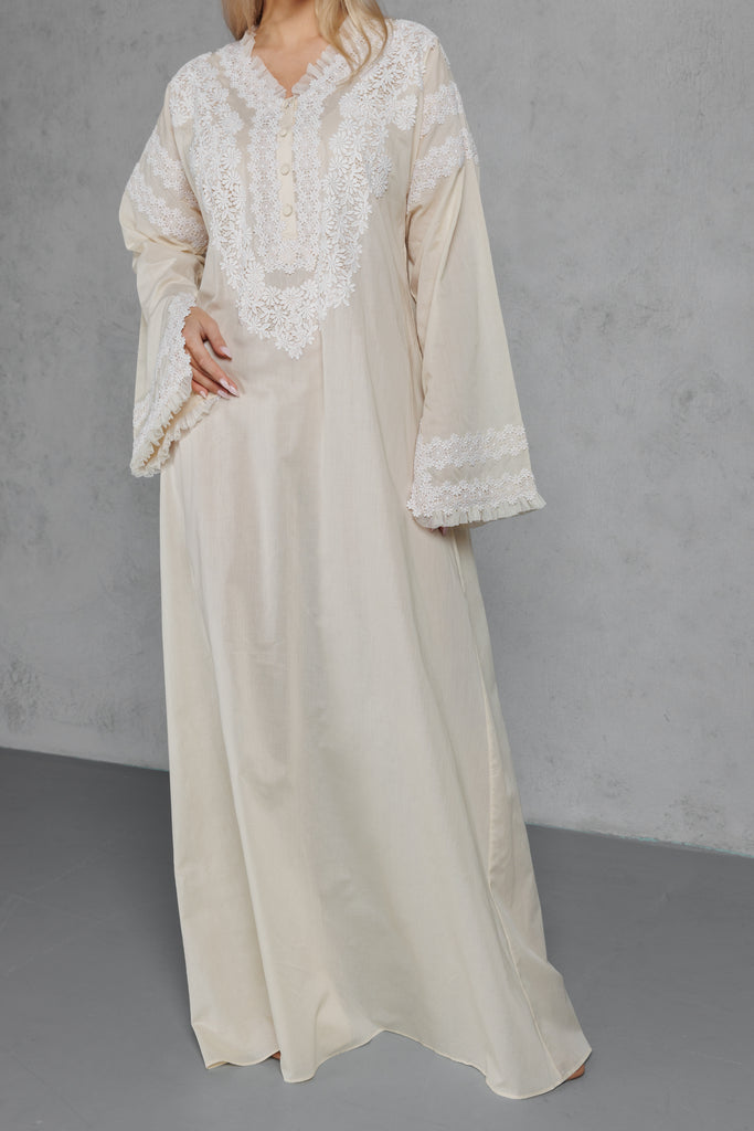 Cotton Jalabiya with Lace on the Chest & Sleeve - Beige - silk touch