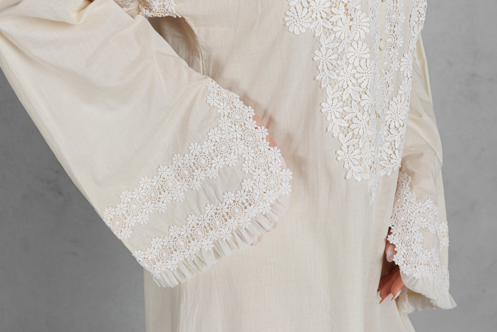 Cotton Jalabiya with Lace on the Chest & Sleeve - Beige - silk touch