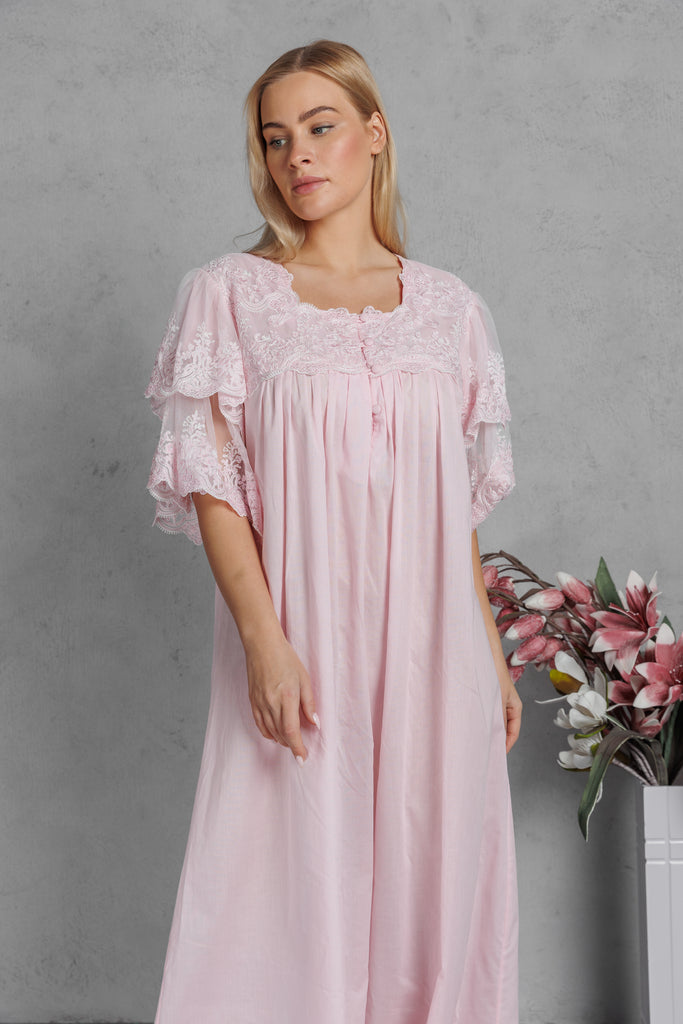 Cotton Jalabiya with Lace on the Chest & Sleeves with Buttons on the Front - Pink - silk touch