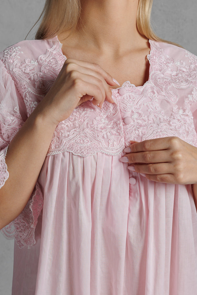 Cotton Jalabiya with Lace on the Chest & Sleeves with Buttons on the Front - Pink - silk touch