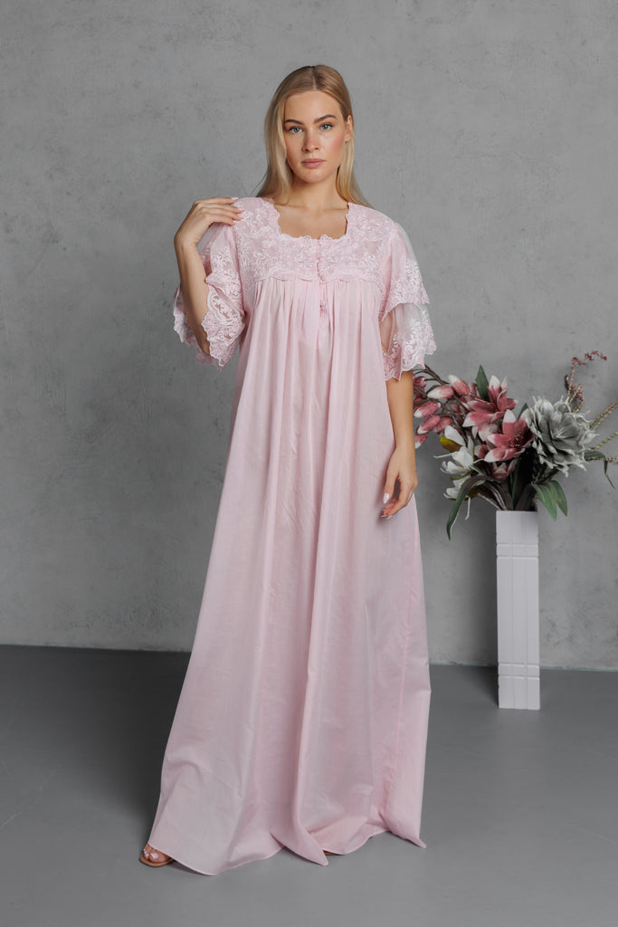 Cotton Jalabiya with Lace on the Chest & Sleeves with Buttons on the Front - Pink - silk touch