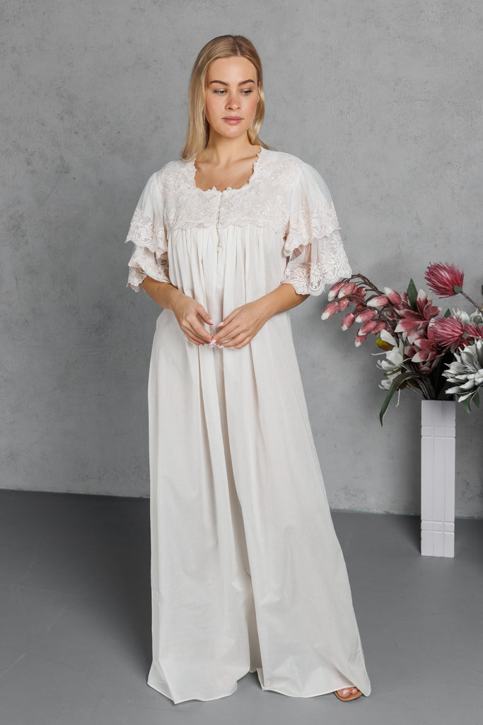 Cotton Jalabiya with Lace on the Chest & Sleeves with Buttons on the Front - Ivory - silk touch