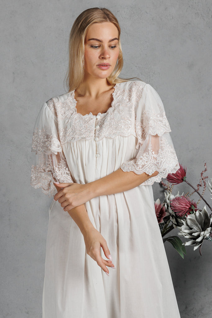 Cotton Jalabiya with Lace on the Chest & Sleeves with Buttons on the Front - Ivory - silk touch