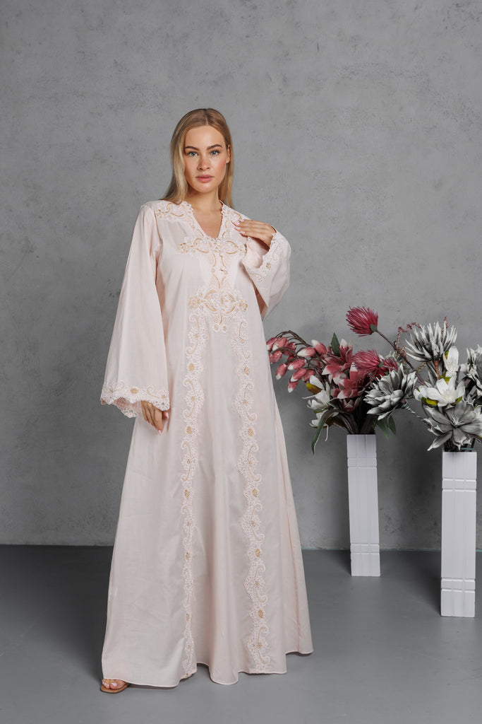 Cotton Jalabiya with Embroidery & Buttons on the Front - Peach - silk touch