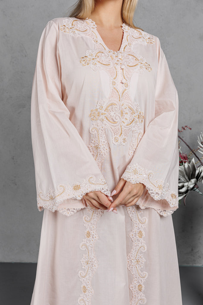 Cotton Jalabiya with Embroidery & Buttons on the Front - Peach - silk touch