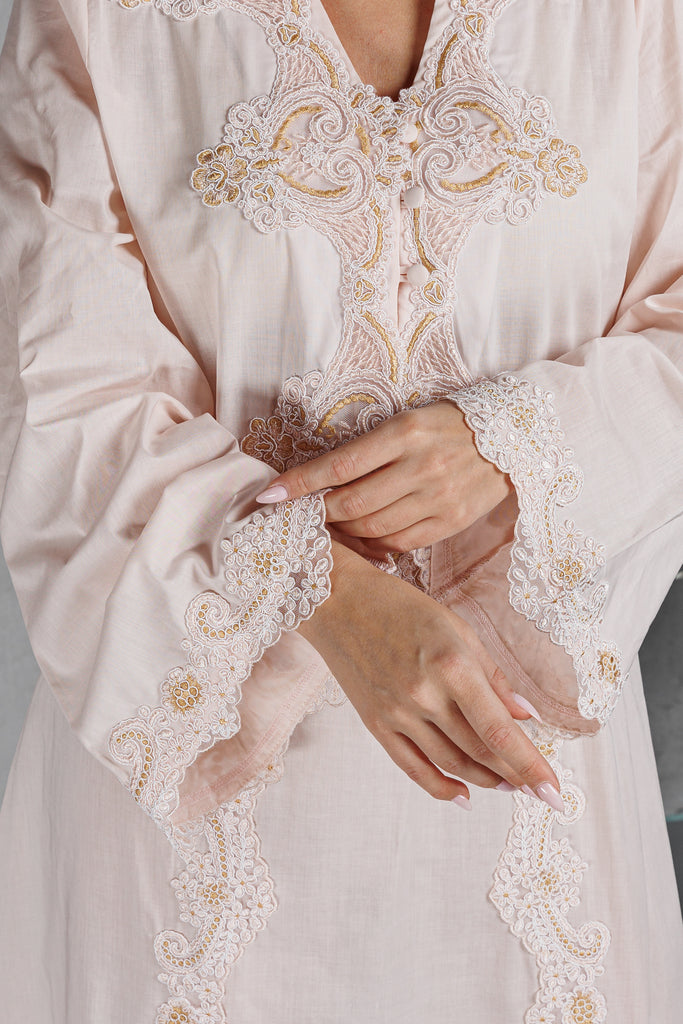 Cotton Jalabiya with Embroidery & Buttons on the Front - Peach - silk touch