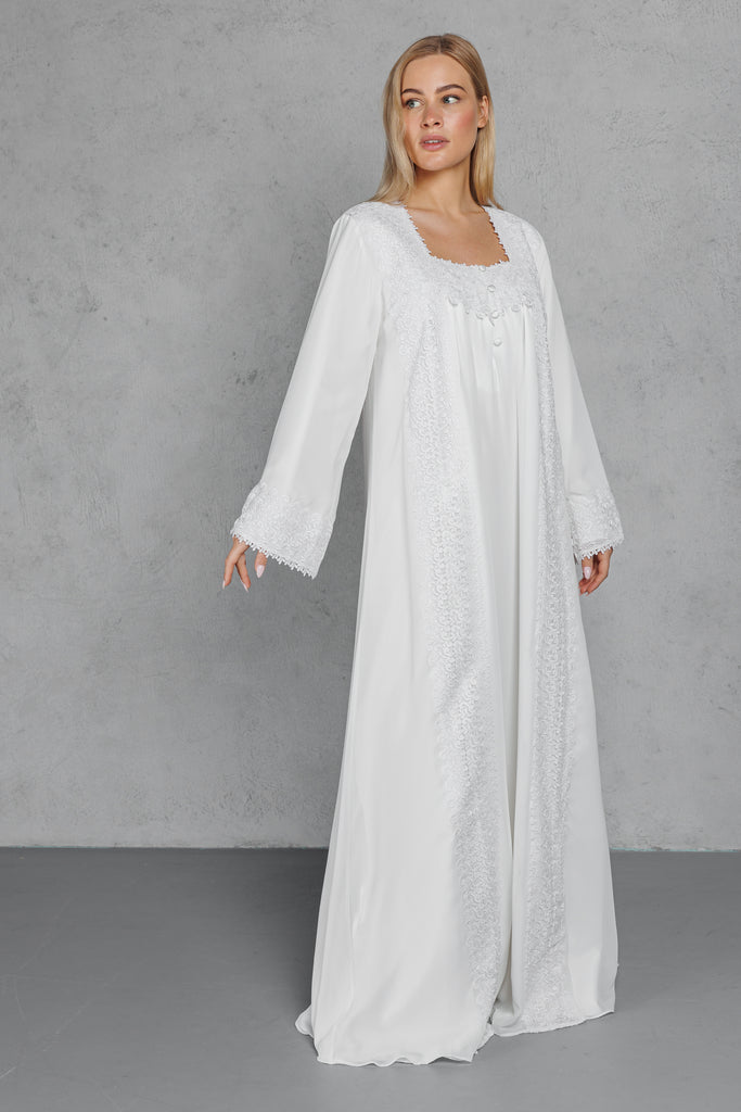 Silk And Chiffon Galabiya with Embroidery on the Chest & Sleeve - White - silk touch