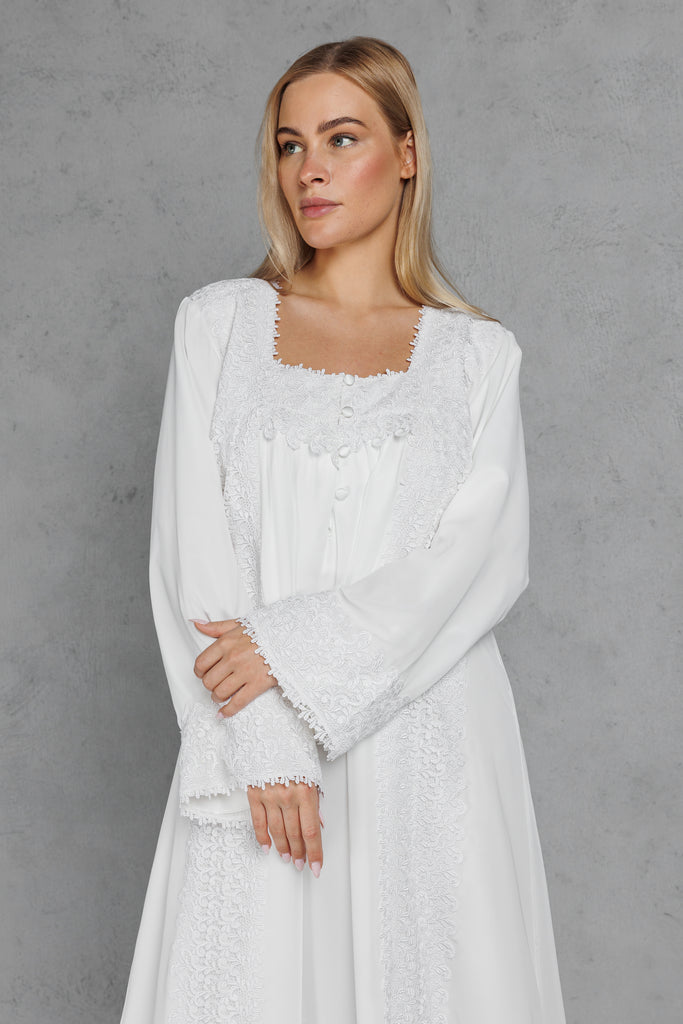 Silk And Chiffon Galabiya with Embroidery on the Chest & Sleeve - White - silk touch