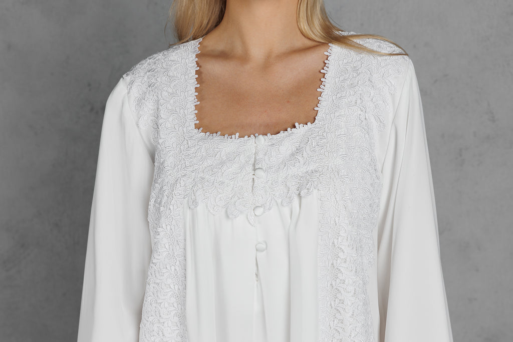 Silk And Chiffon Galabiya with Embroidery on the Chest & Sleeve - White - silk touch