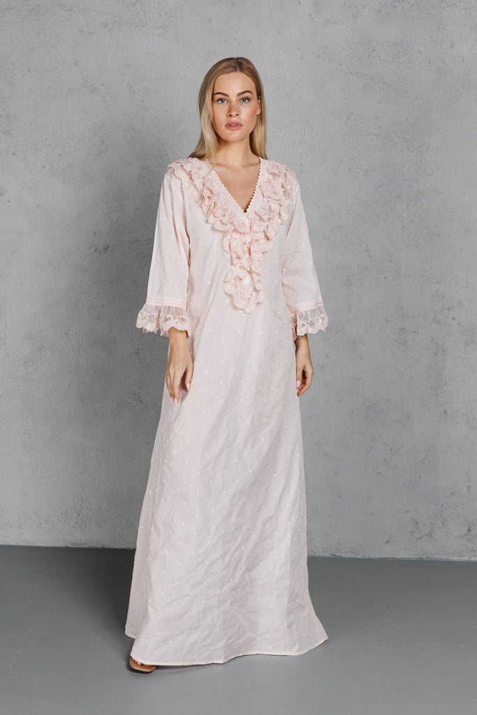 Cotton Jalabiya with Long Sleeves & Lace with Button - Peach - silk touch