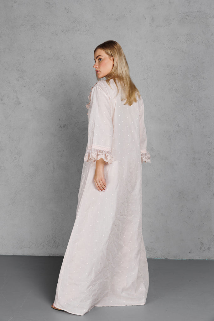 Cotton Jalabiya with Long Sleeves & Lace with Button - Peach - silk touch