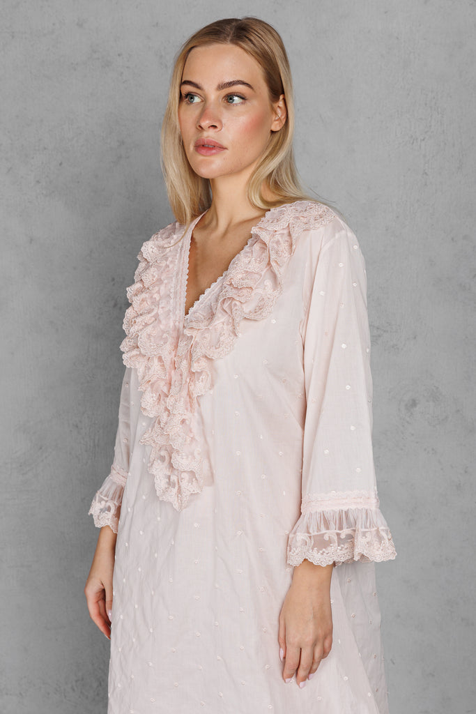 Cotton Jalabiya with Long Sleeves & Lace with Button - Peach - silk touch