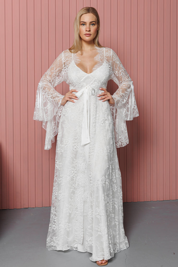 Lace And Pearl Long Nightdress With Robe Set - White - silk touch