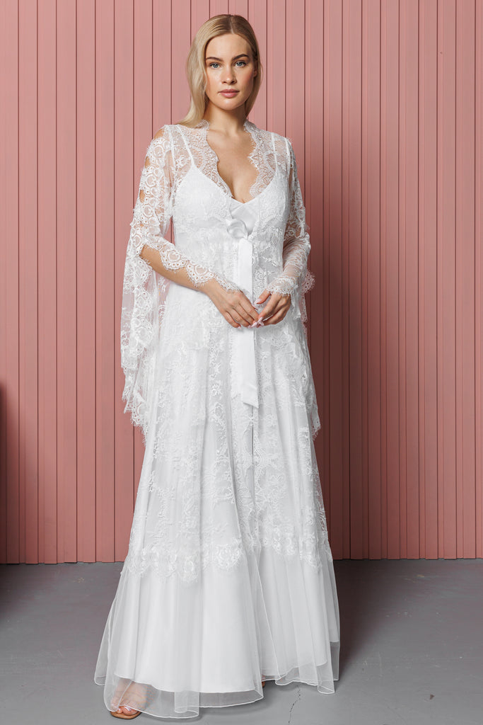 Long Lace Nightdress With Robe Set - ivory - silk touch