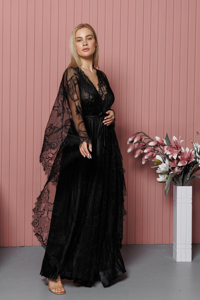 Satin With Lace Bridal Robe Set - Black - silk touch