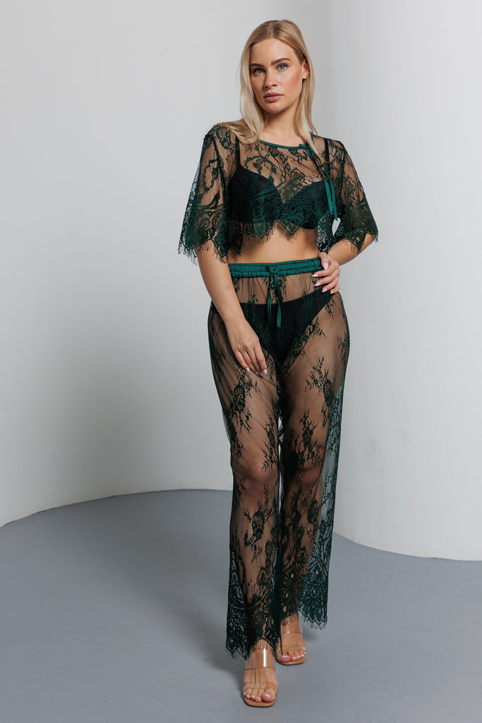 Long Lace Pajamas Set  - Green - silk touch