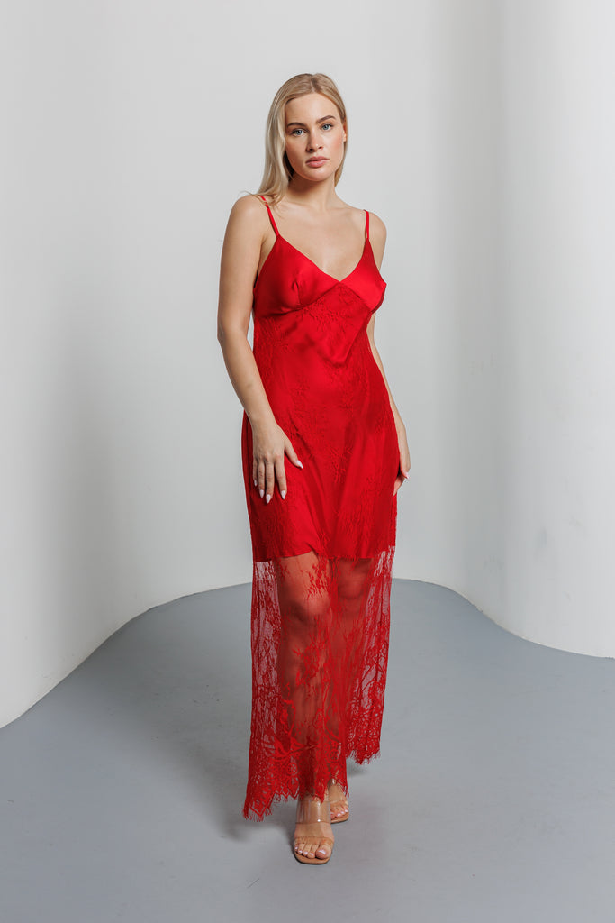 Long Satin with Lace - Red - silk touch