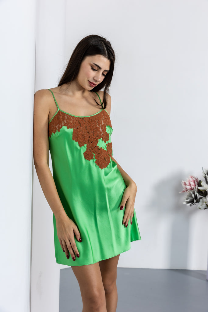 Pure Silk with Lace Short Night Dress - Green - silk touch