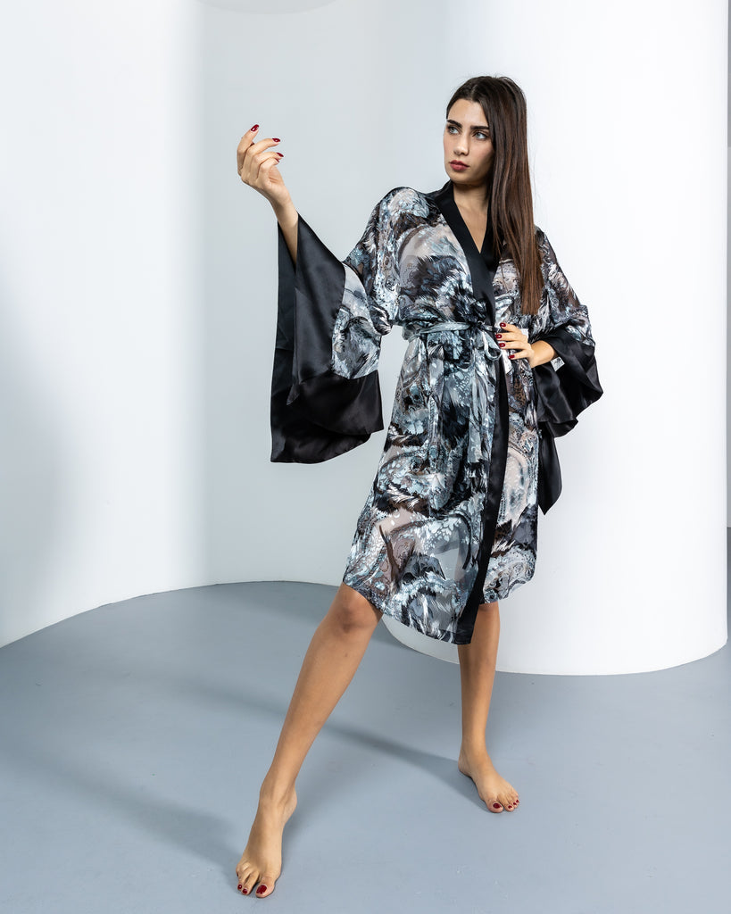 Pure Silk Printed Robe Short - Grey - silk touch