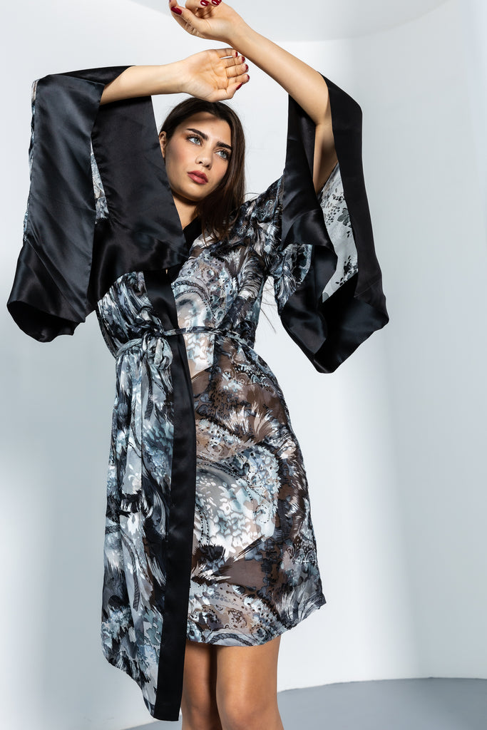 Pure Silk Printed Robe Short - Grey - silk touch