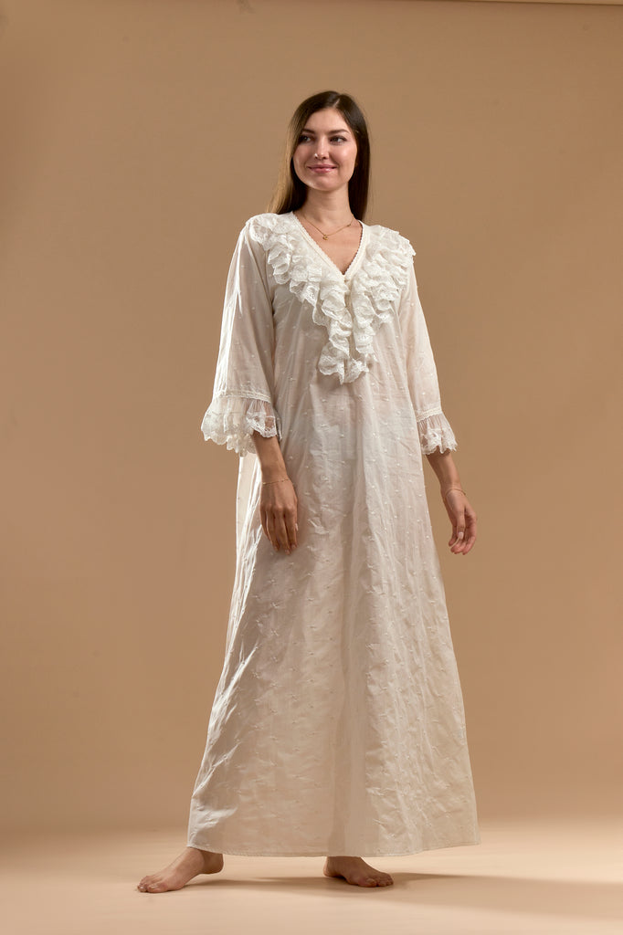 Cotton Jalabiya with Long Sleeves & Lace with Button - Ivory - silk touch