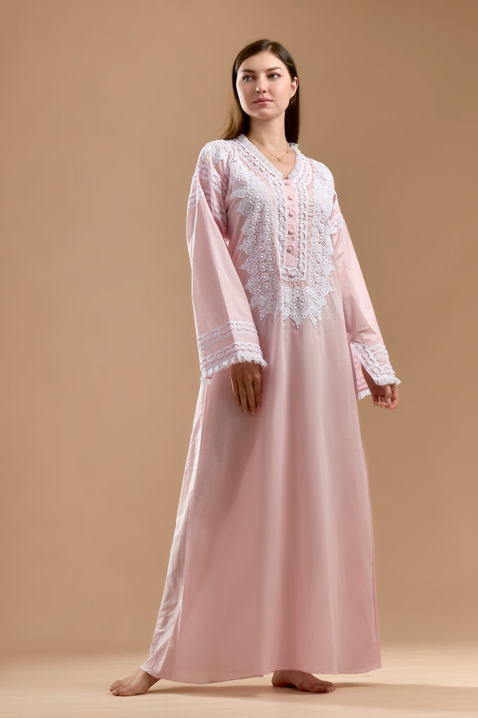 Cotton Jalabiya with Lace on the Chest & Sleeve - Pink - silk touch