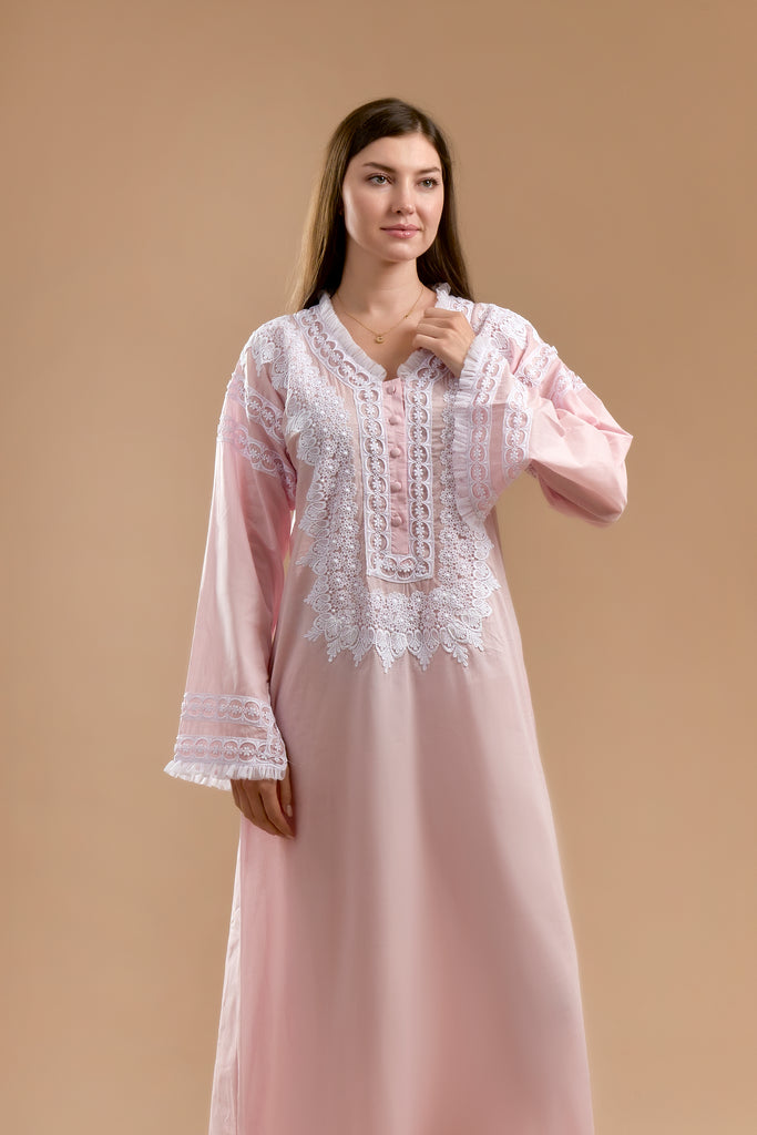 Cotton Jalabiya with Lace on the Chest & Sleeve - Pink - silk touch